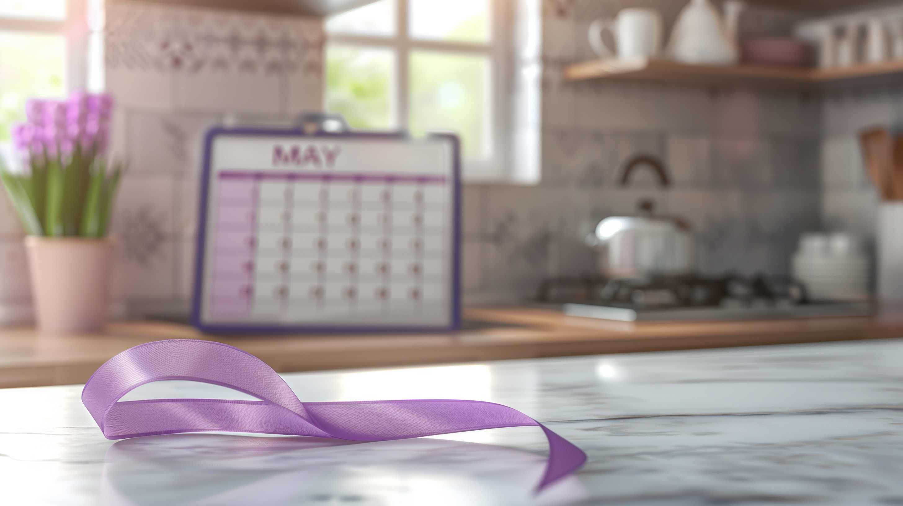 Purple awareness ribbon on kitchen counter with May calendar visible in background.