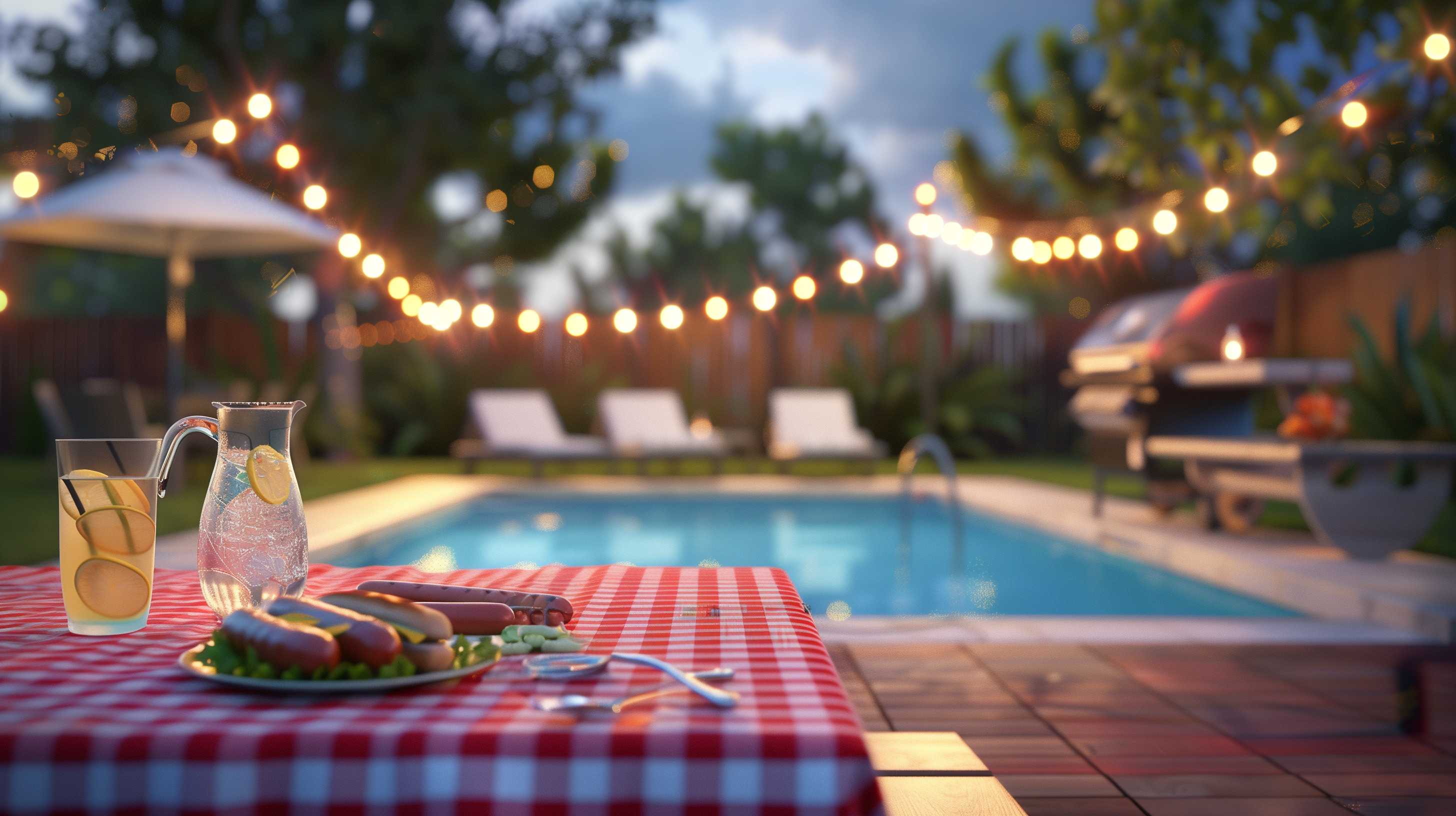 Poolside gathering with refreshments and seating areas, illustrating a summer social setting for pacing oneself.