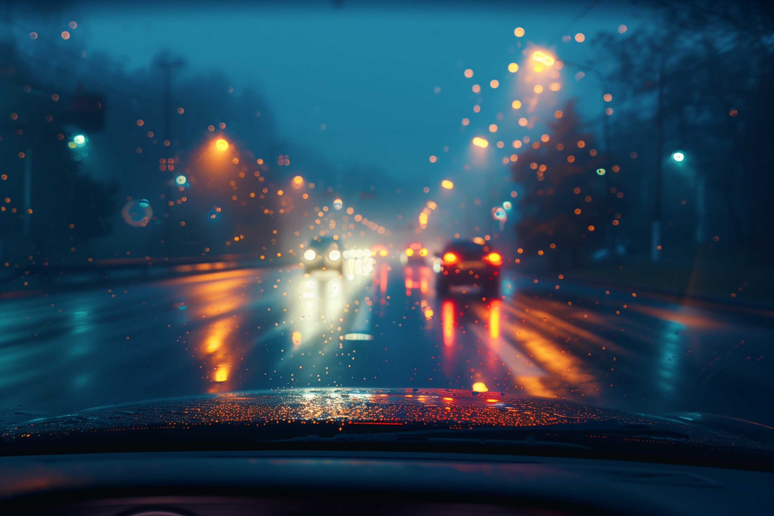 view through a windshield while driving at night with. oncoming lights look blurry.