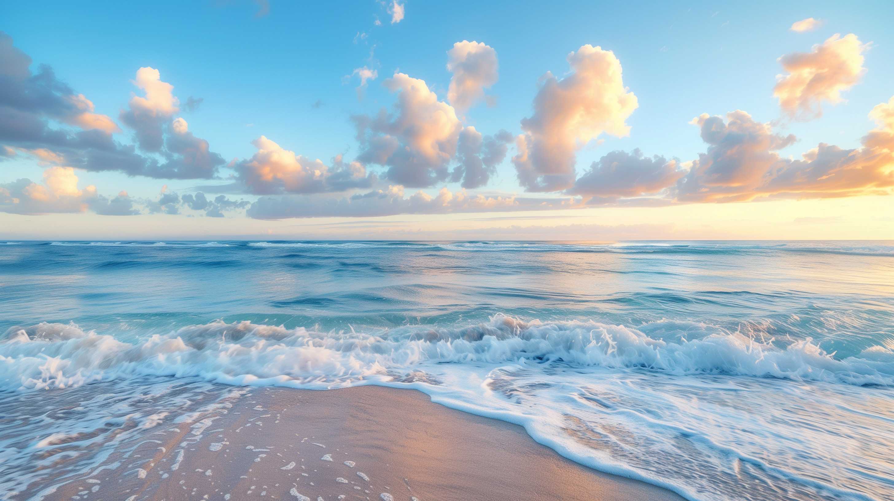 Picture of the ocean in evening light. Blue water, blue sky, gentle surg and warm clouds.