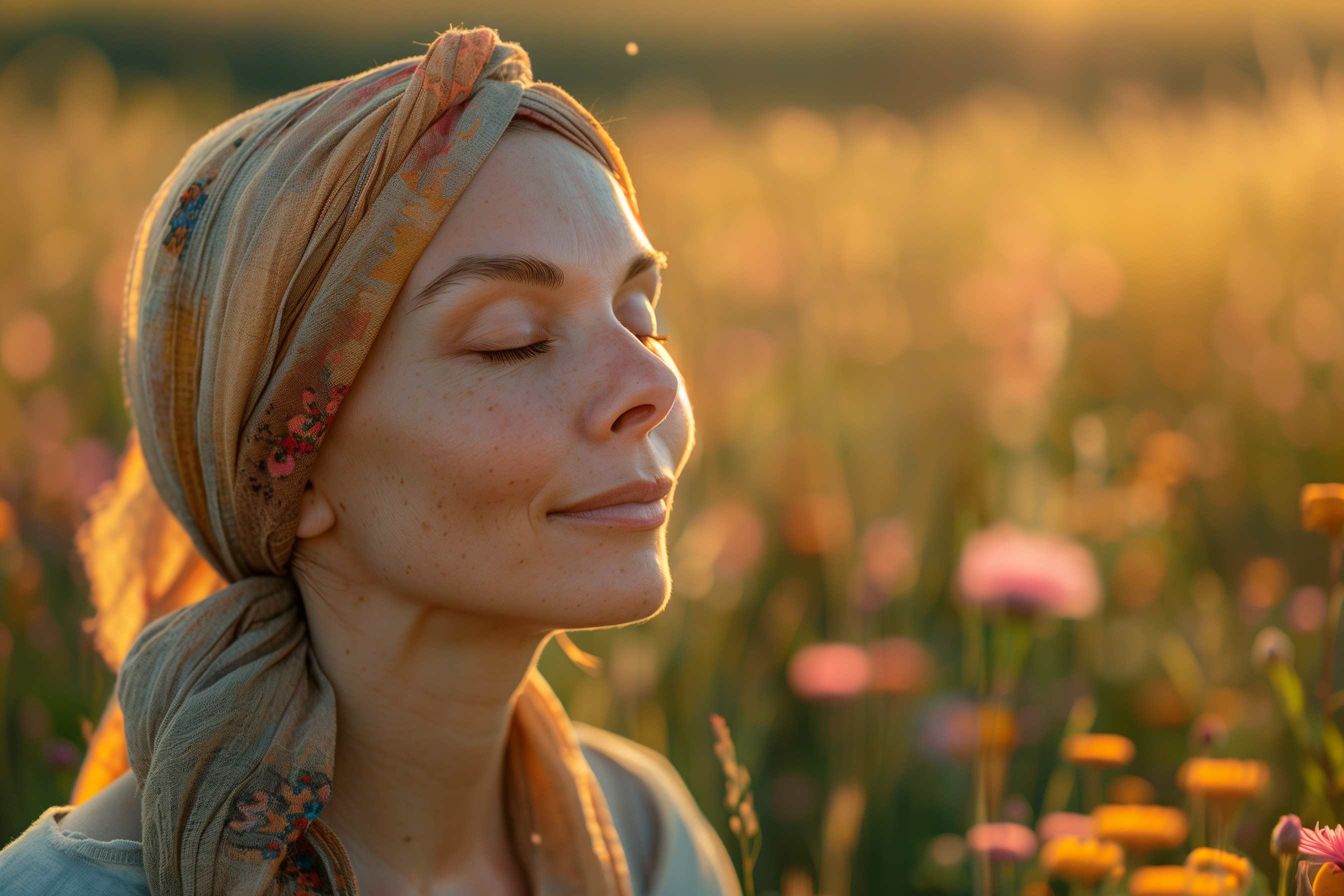 women with chemo hair scarf standing in the golden hour with wildflowers in the background