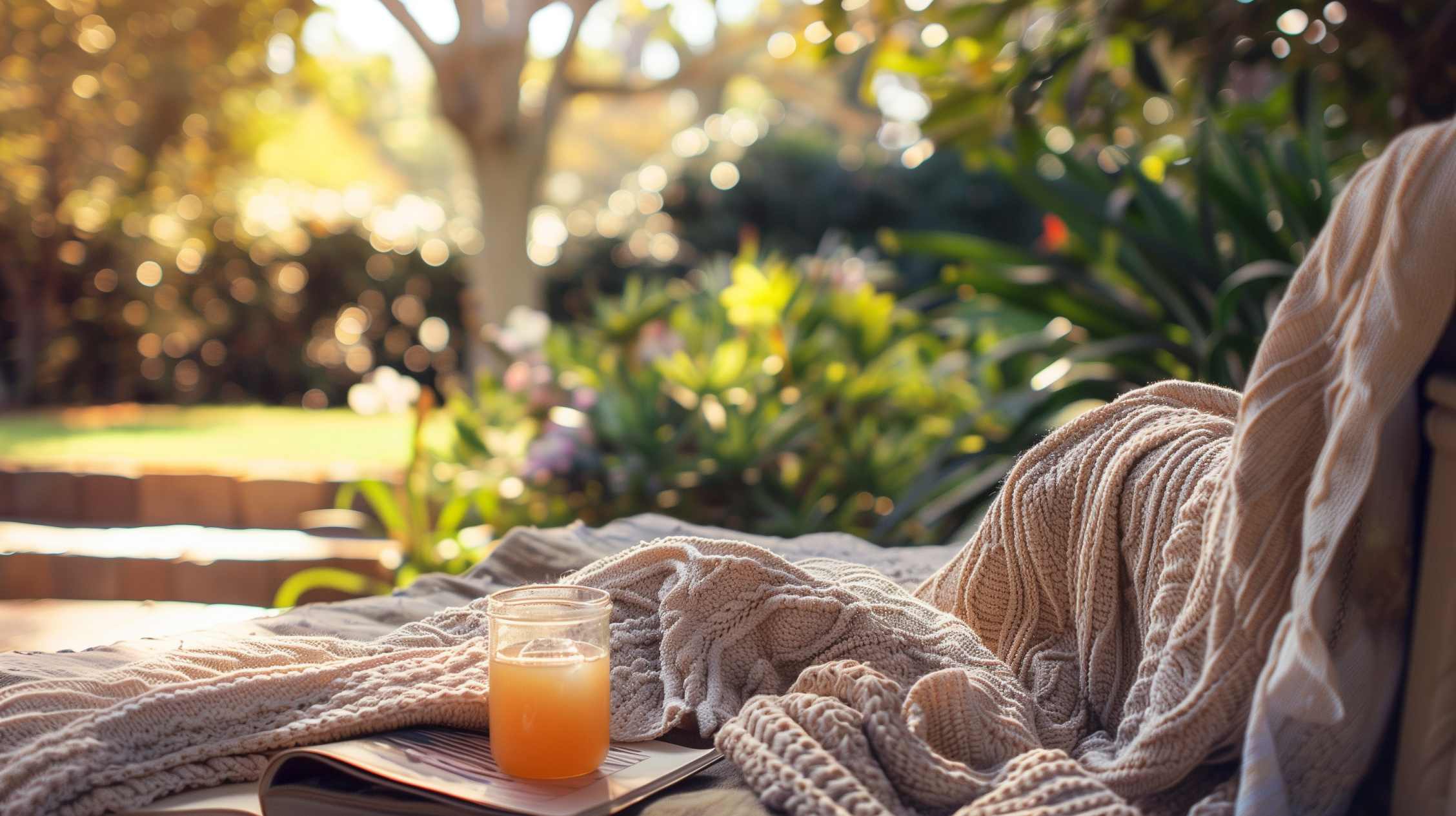 Person relaxing outdoors in comfortable clothing with juice, enjoying a peaceful garden setting.