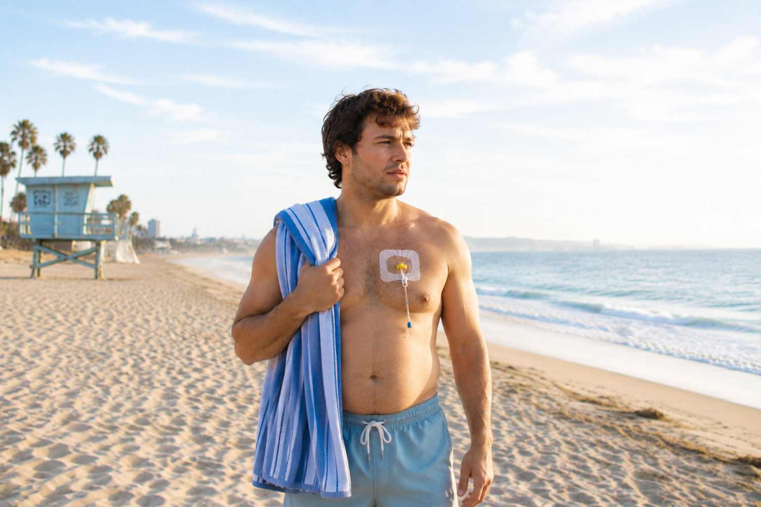 male at the beach holding a towel with a port on his chest