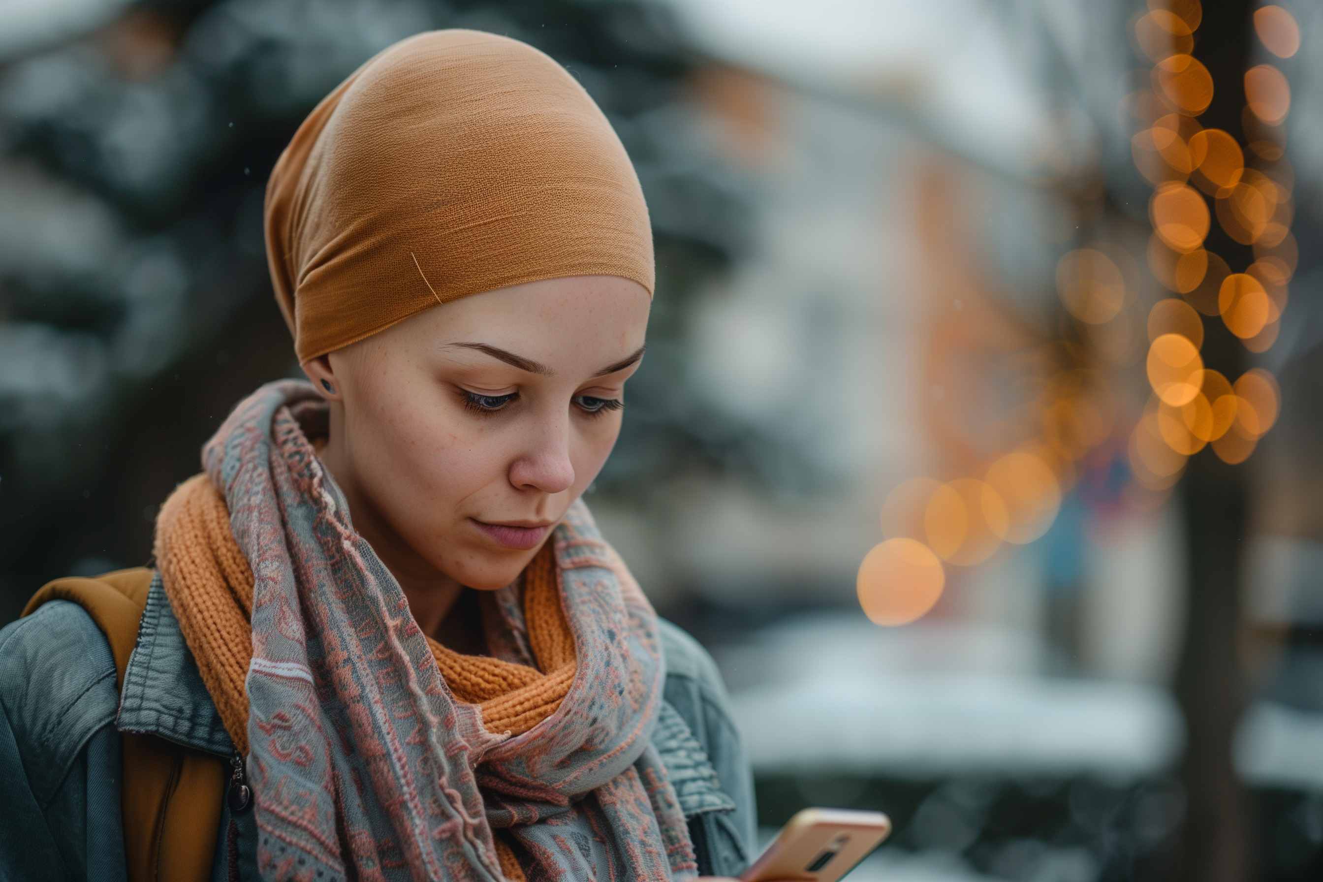 women outside on her cell phone. she has no hair. her head is covered with a scarf. she looks a little unhappy with the text she is reading.