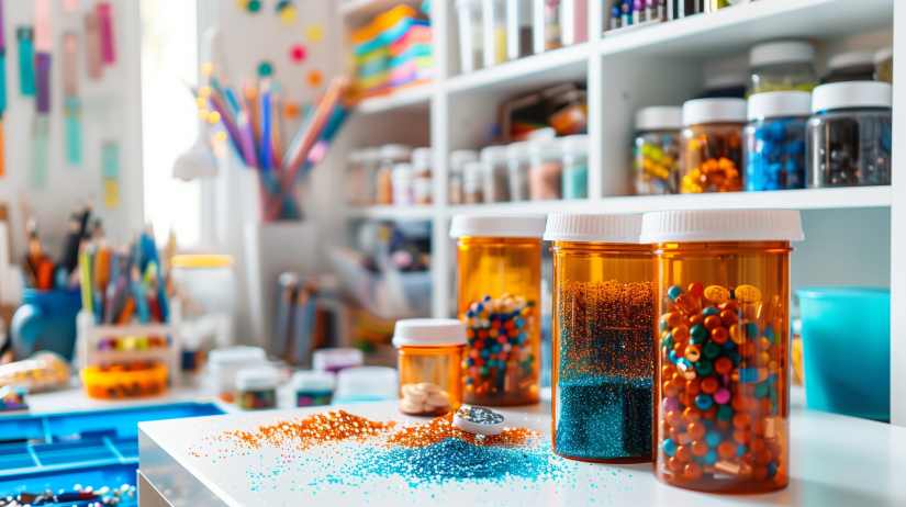 Craft supplies and colorful materials organized in jars and containers on a workspace desk.