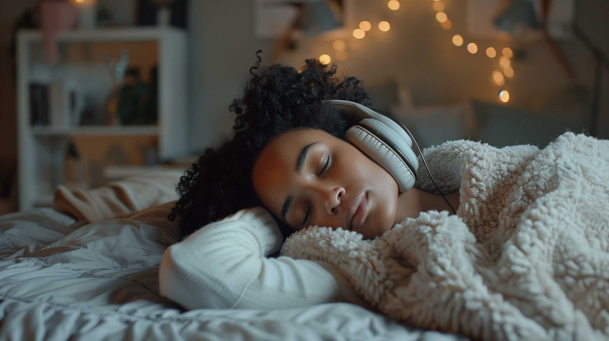 Person wearing headphones sleeping peacefully in cozy bedding with warm ambient lighting in background.