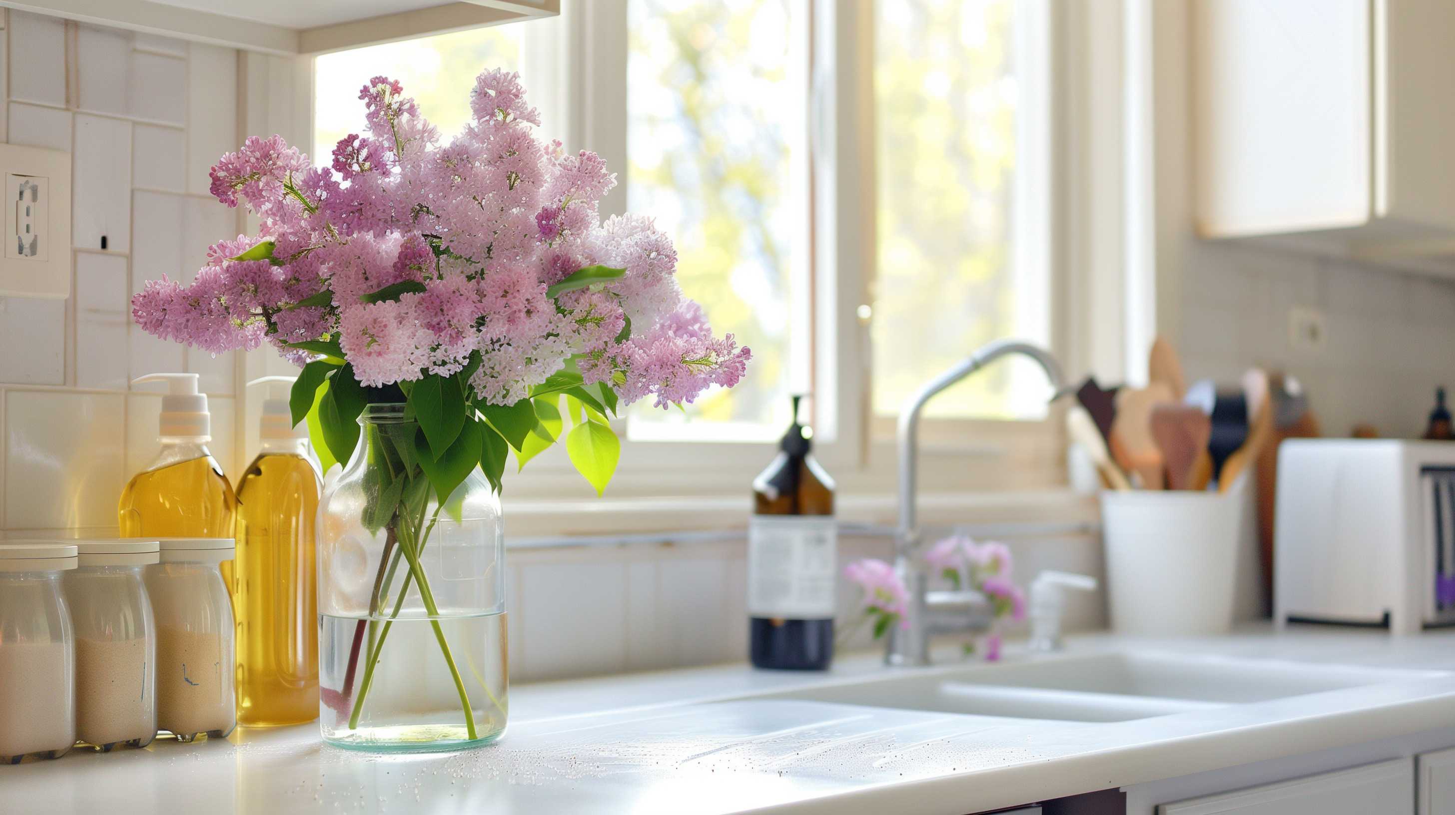 Bright kitchen with purple lilac flowers in vase, symbolizing fresh spring cleaning and renewal.
