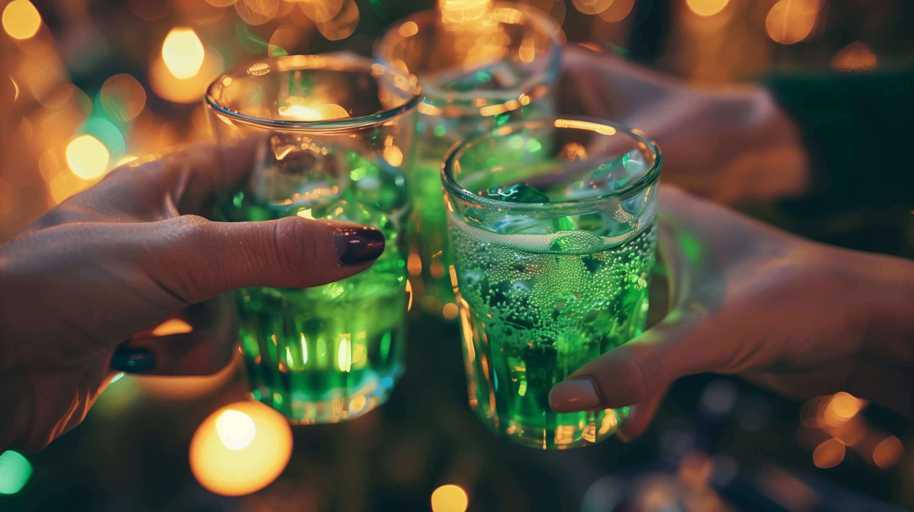 Multiple hands clinking glasses of bright green beverages against warm bokeh lights at a celebration.