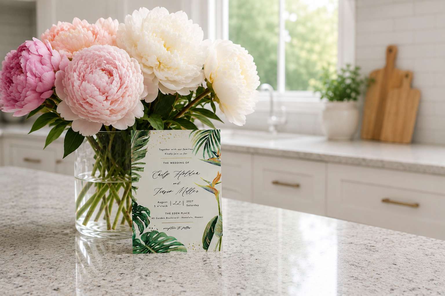 wedding invitation on a kitchen counter