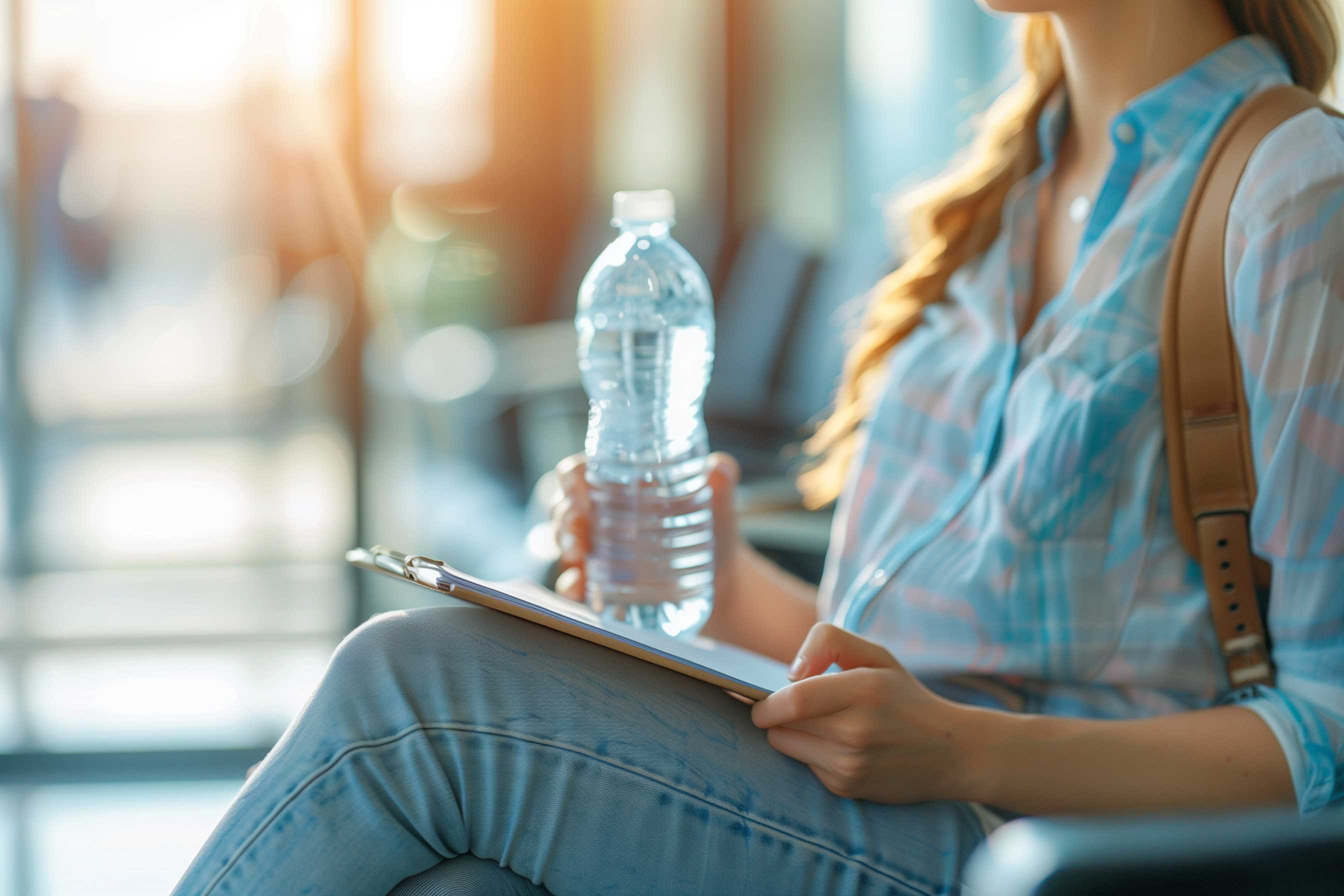 women sitting in waiting room for a preventative doctor visit, she has a clipboard and water bottle