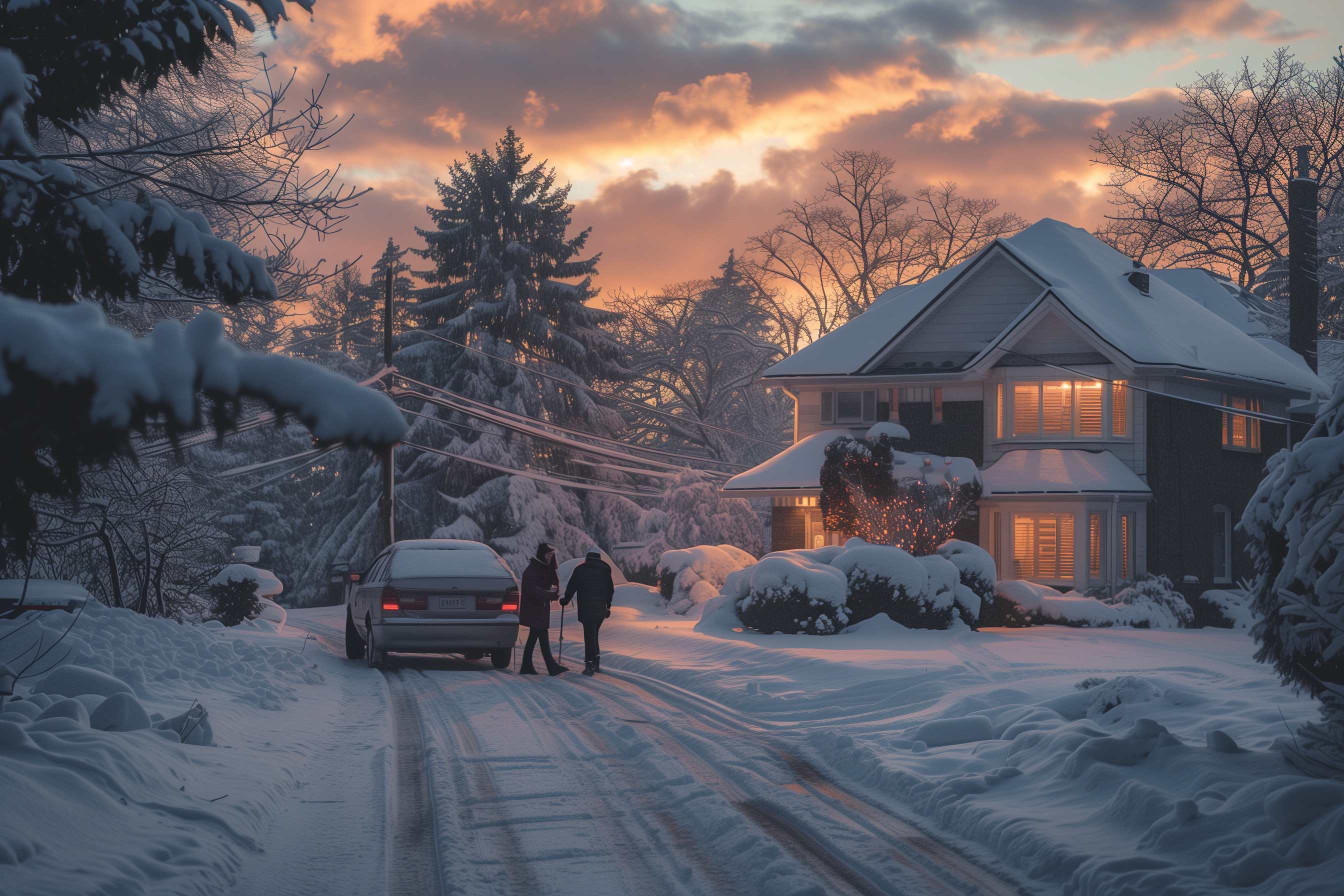 early morning during winter, snow on ground, and 2 people walking to a warmed up car.