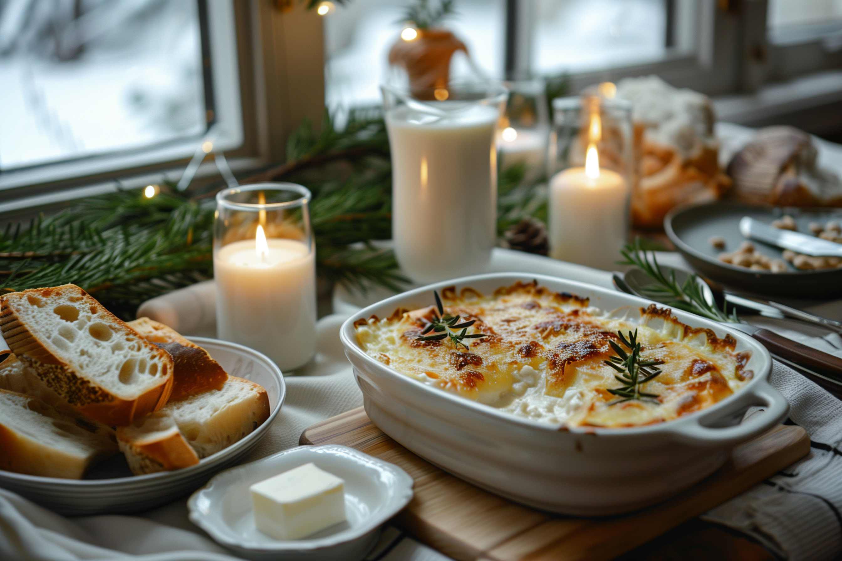 Winter outside, food on a table with candles. Candle light.