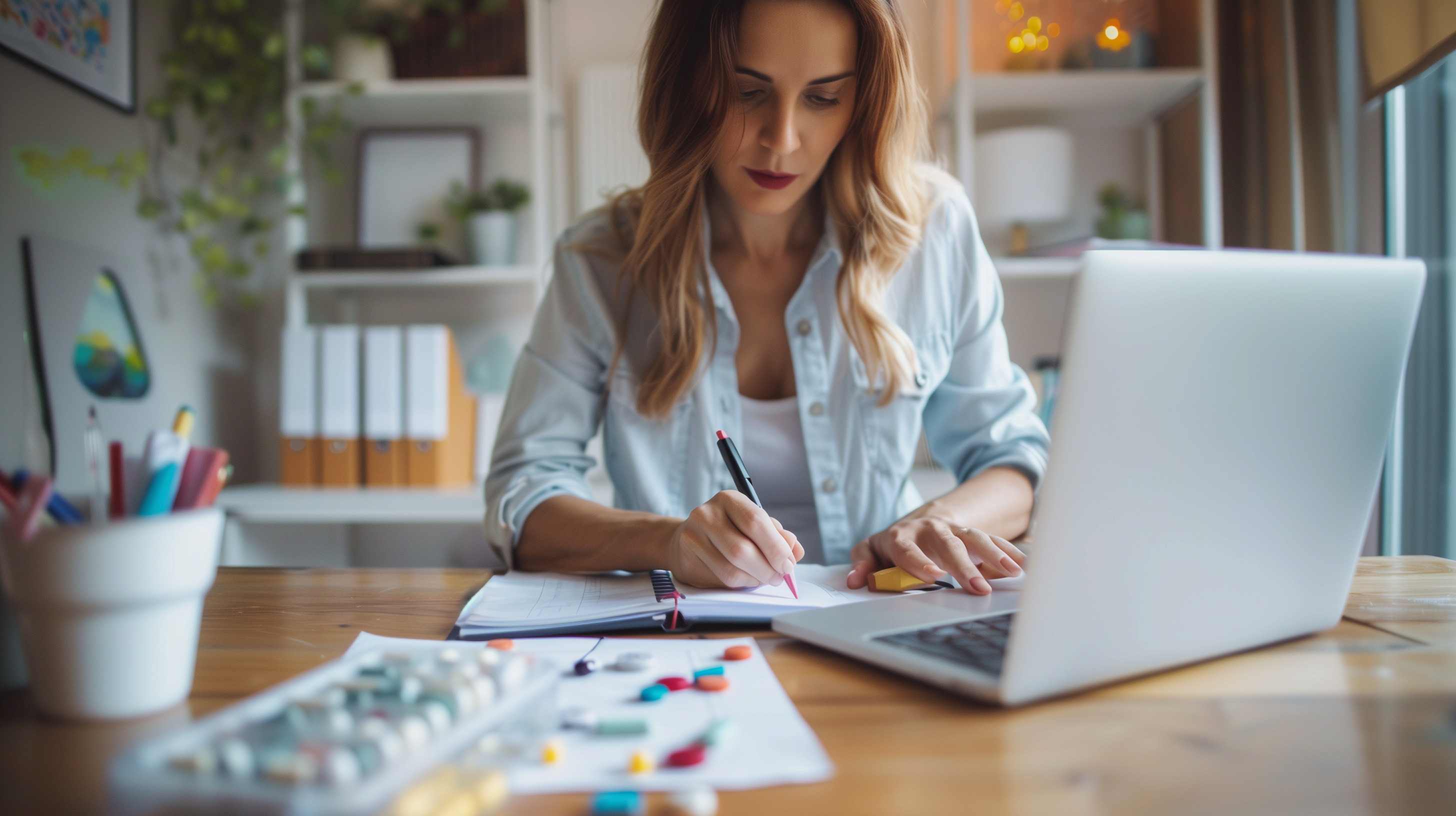 Woman working at desk with laptop, writing in notebook while managing multiple tasks in home office.