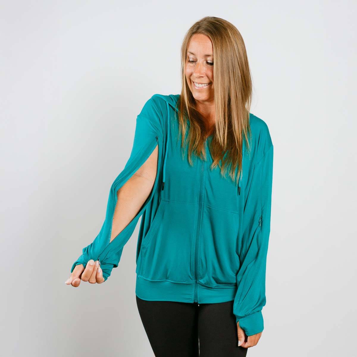 Bamboo IV Zip Hoodie Teal | Model is 5'3" 130lbs wearing size S