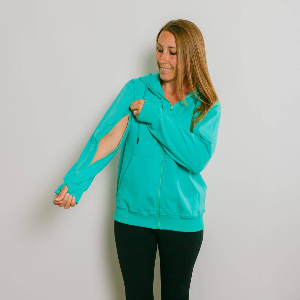 IV Zip Hoodie Turquoise | Model is 5'3" 130lbs wearing size S