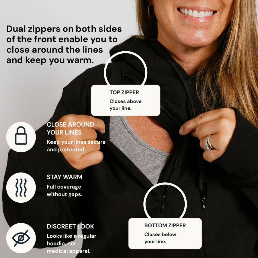 Woman wearing black hoodie with dual front zippers demonstrating secure closure around medical lines.