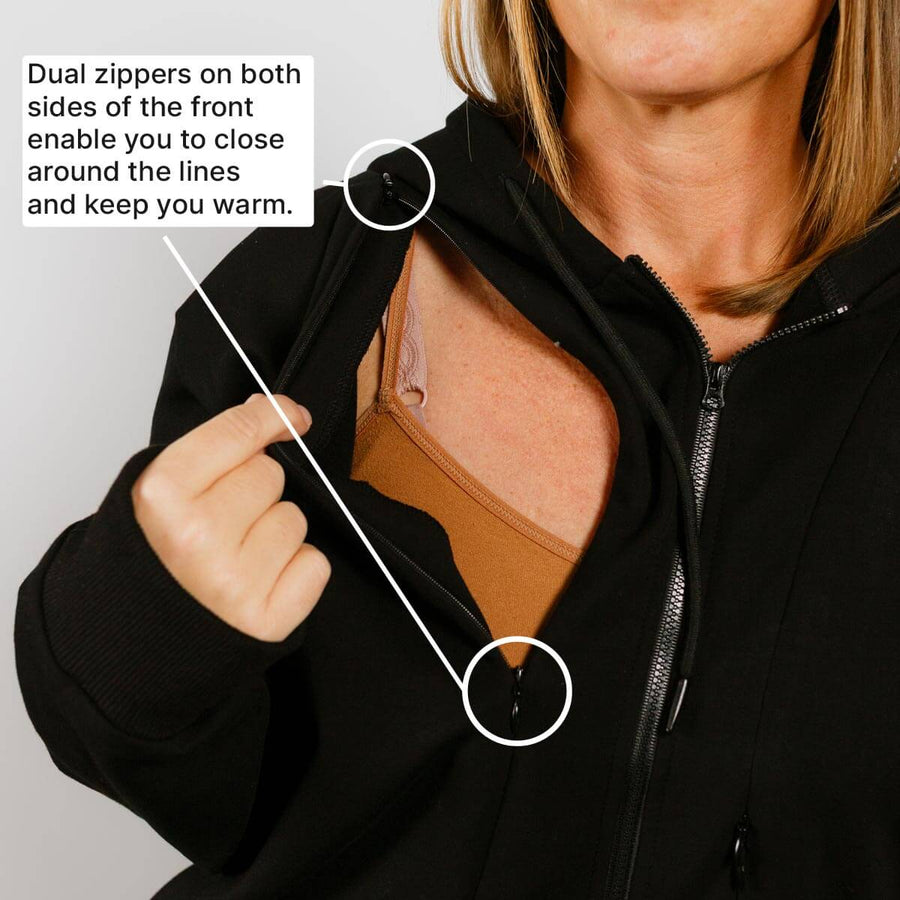 Woman wearing black zip hoodie with dual front zippers demonstrating chest access opening.