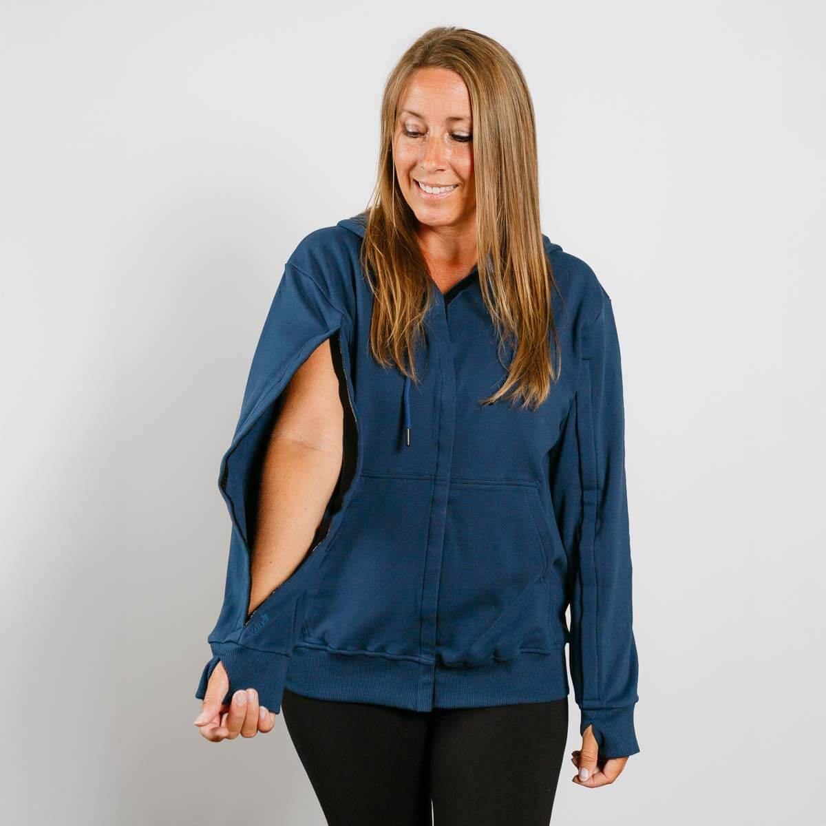 IV Scan Hoodie Marine Blue | Model is 5'3" 130lbs wearing size S