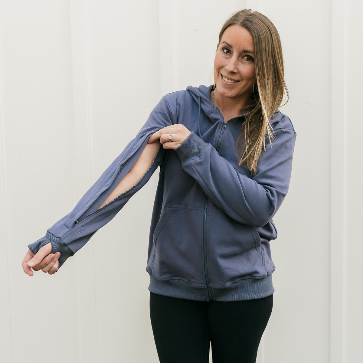 IV Zip Hoodie Slate Blue | Model is 5'3" 130lbs wearing size S