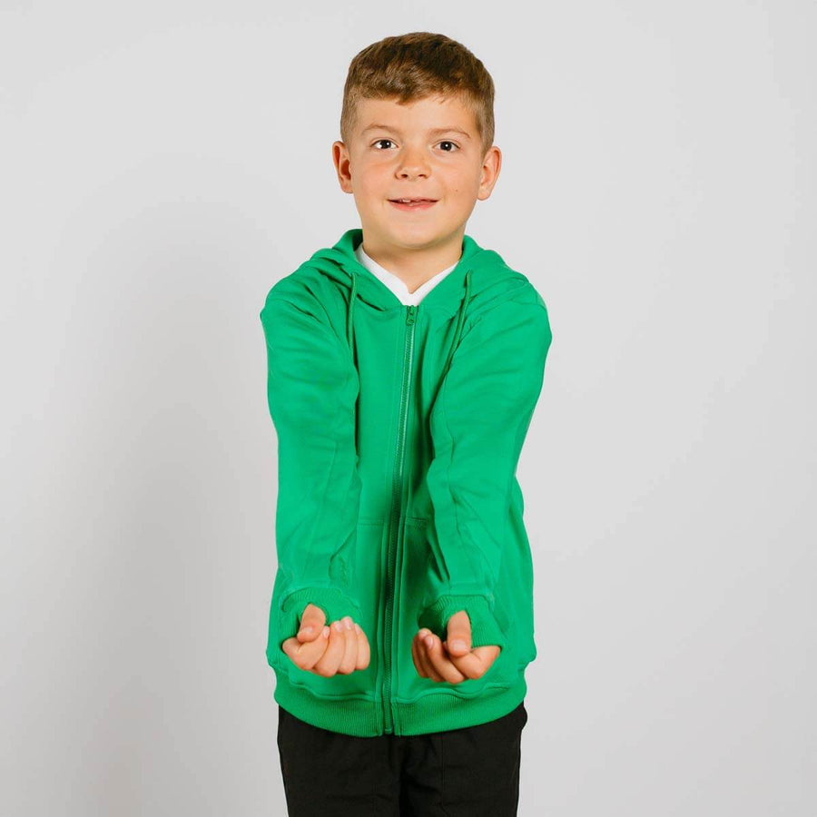 Young boy wearing green IV zip hoodie with front zipper and visible arm access openings.