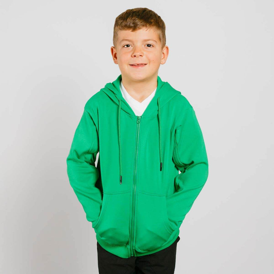 Boy wearing bright green zip hoodie with front view showing full-length design.