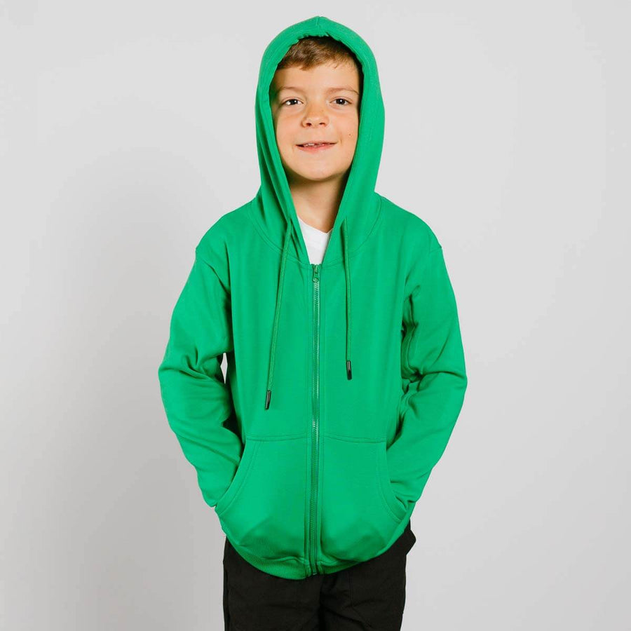 Boy wearing bright green youth IV zip hoodie with hood up, front view.
