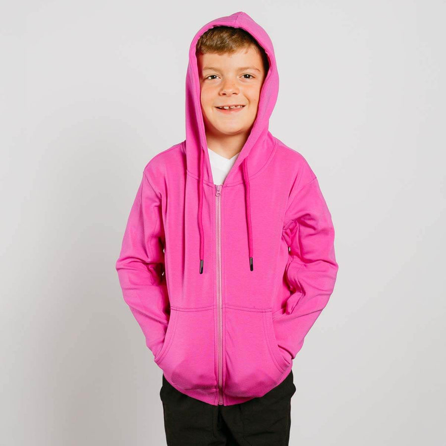 Young child wearing bright pink IV zip hoodie with hood up, front view.