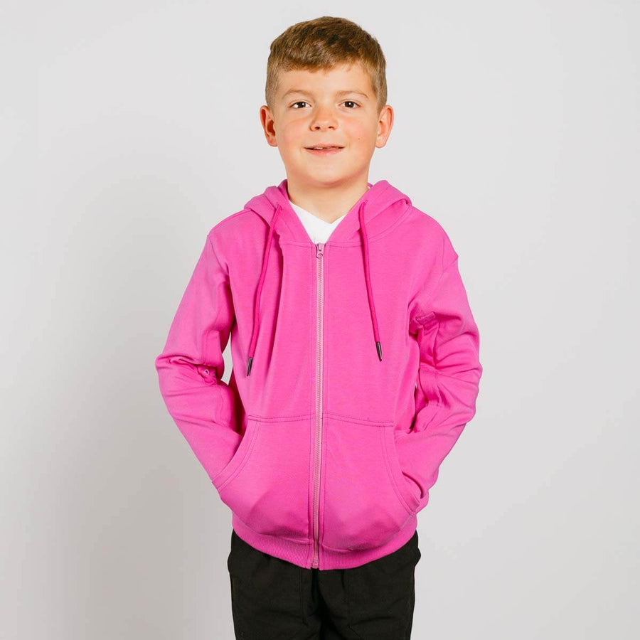 Young boy wearing bright pink IV zip hoodie with front zipper, front view.
