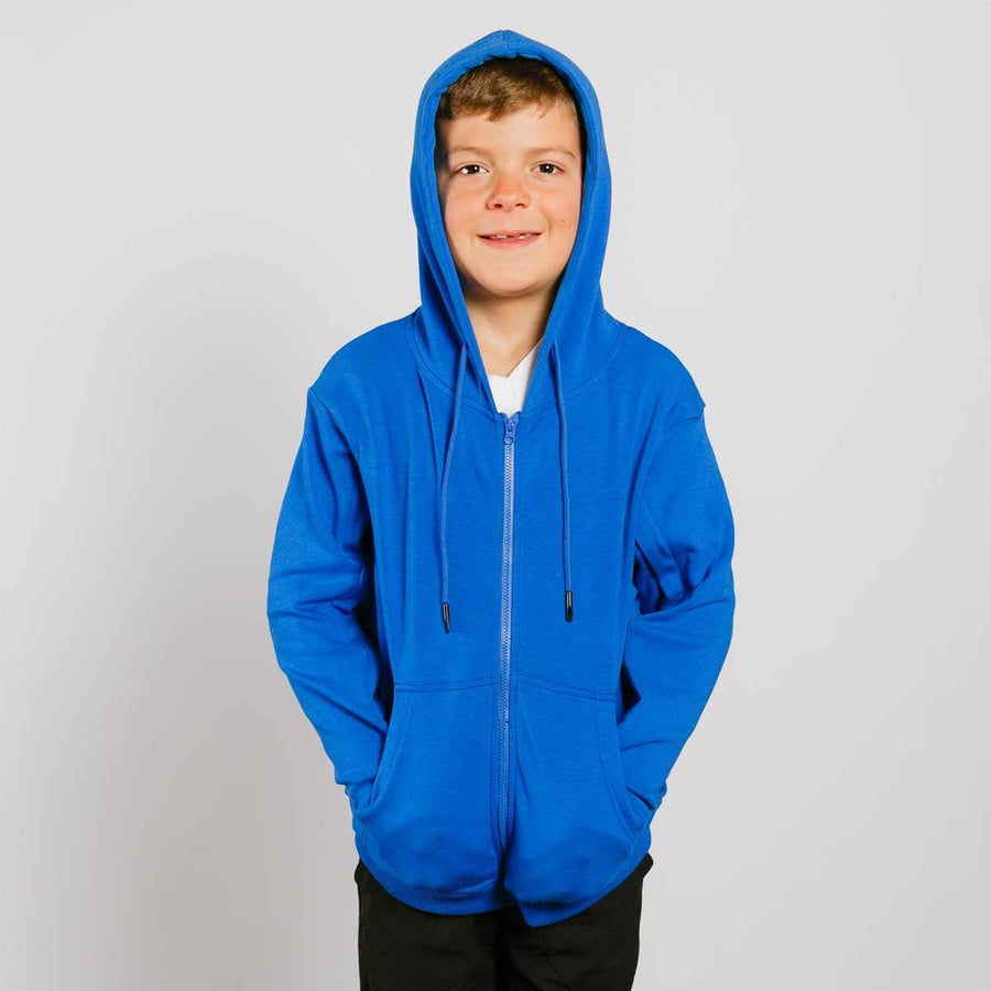 Boy wearing bright blue youth IV zip hoodie with front zipper, front view.