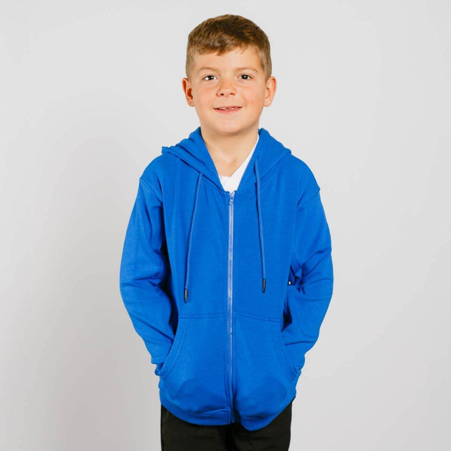 Boy wearing bright blue IV zip hoodie with front zipper closure, front view.