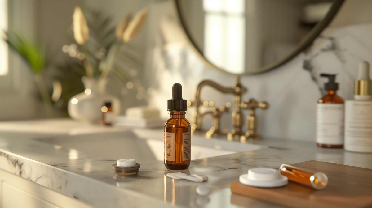 Amber glass dropper bottle and wellness products arranged on a marble bathroom counter.