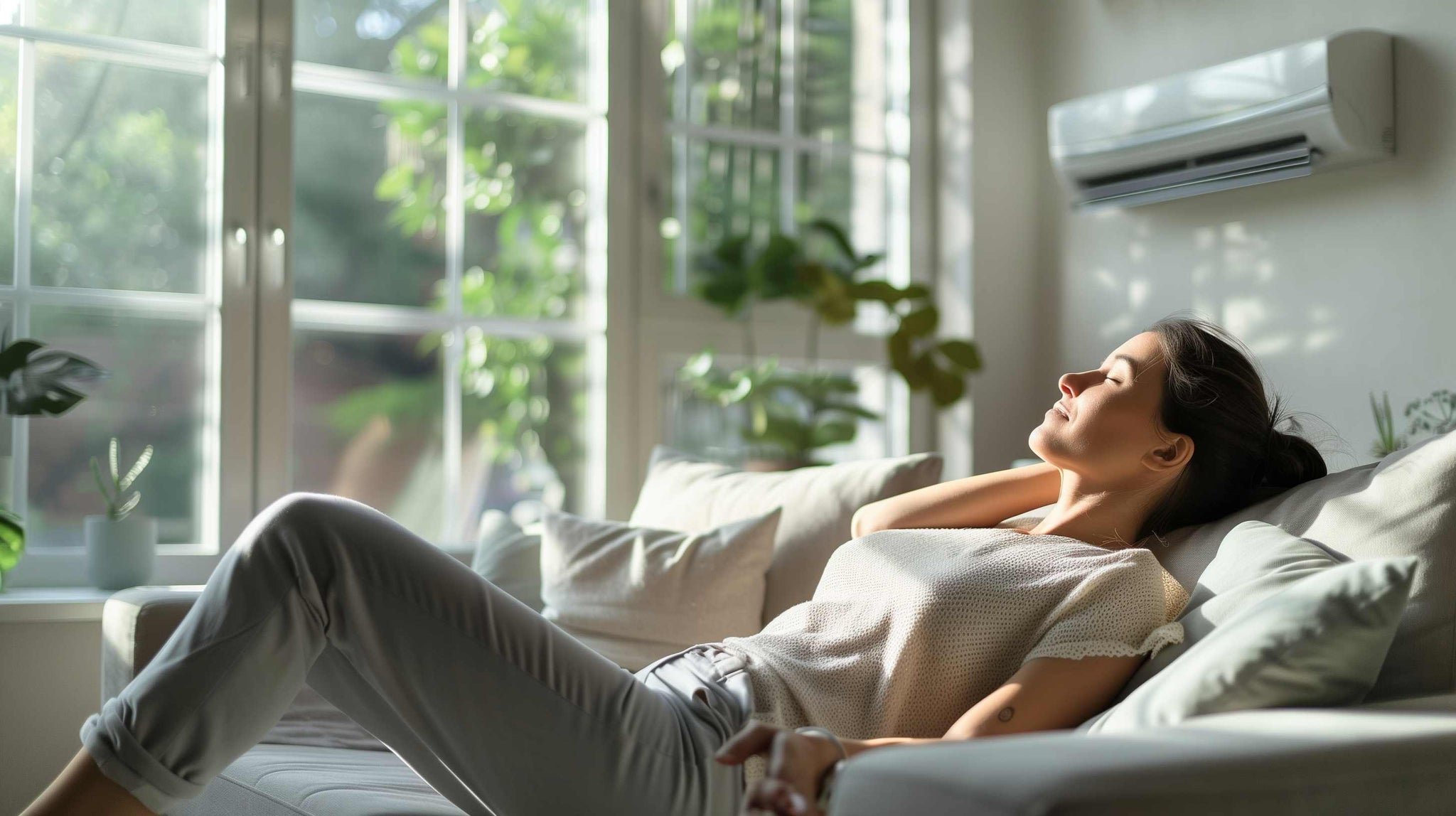 women laying on couch in the air condition