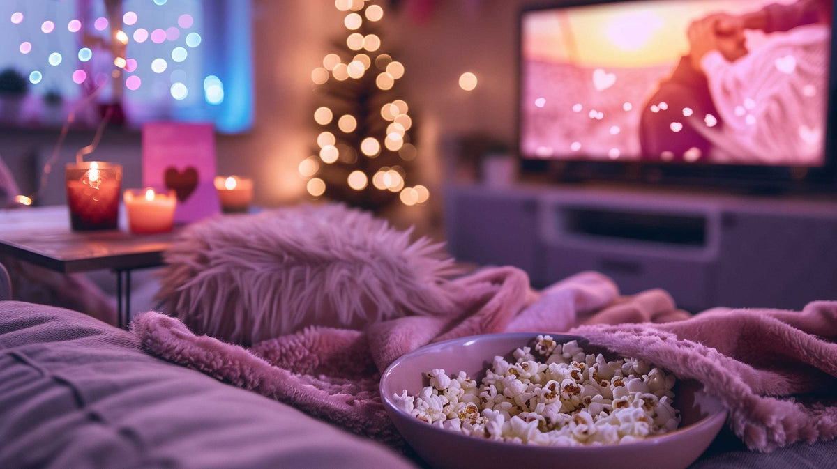Cozy Valentine's Day setup with popcorn, blanket, candles, and holiday lights for a comfortable at-home celebration.