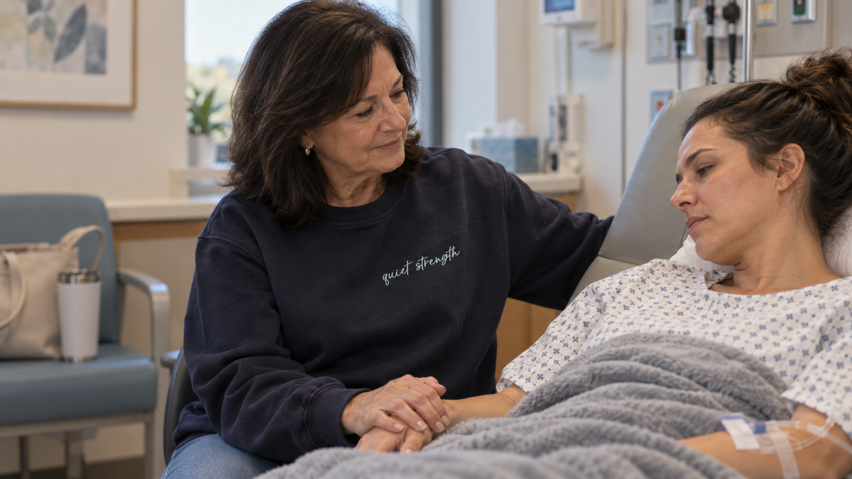 women wearing the bewell caregiver collection crewneck as a caregiver, sitting next to patient in a bed.
