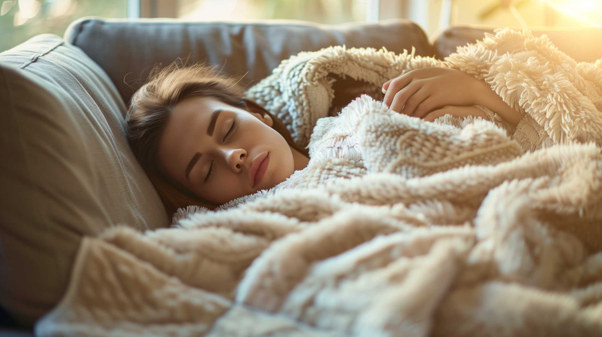 Woman sleeping peacefully on couch wrapped in cozy blankets and pillows.