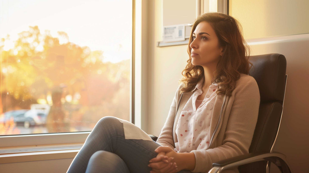 Woman sitting by window in contemplative pose, looking thoughtful during sunset light.