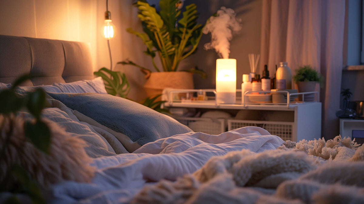 Cozy bedroom with soft bedding, warm lighting, plants, and a humidifier creating a calming healing environment.