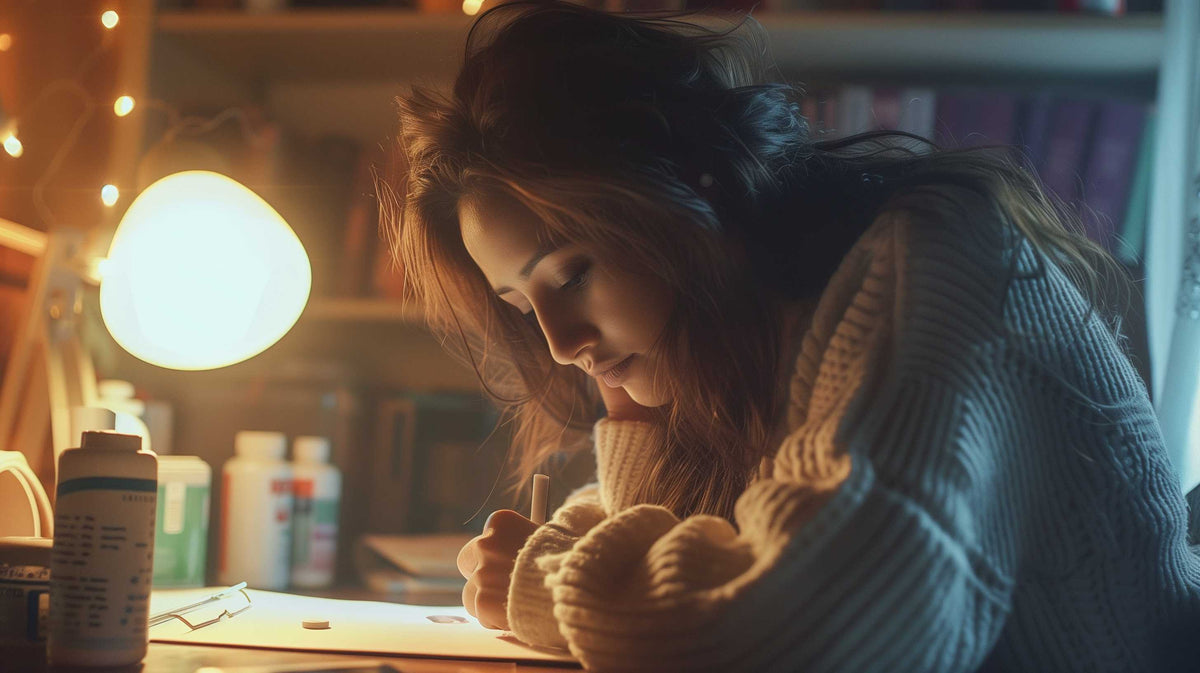 Woman writing in notebook at vanity mirror with warm lighting, appearing focused and thoughtful.