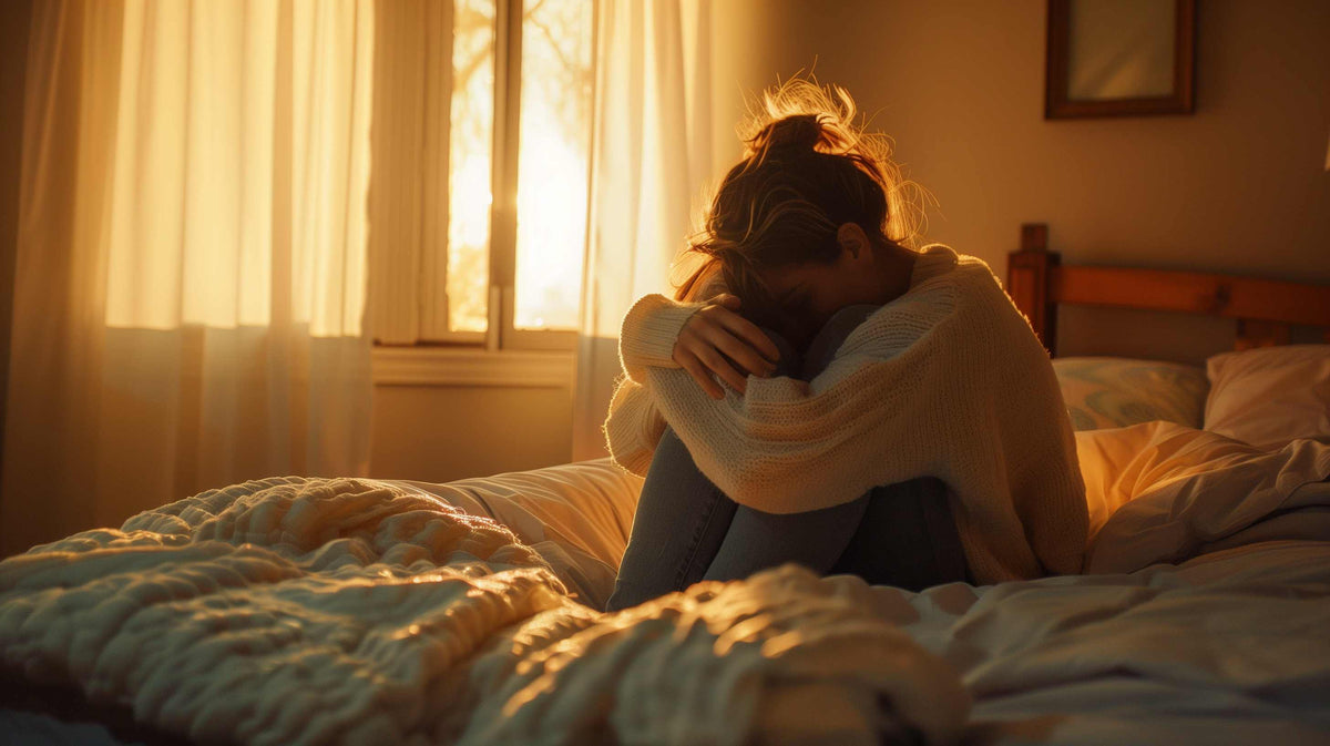 Person sitting on bed in morning light, hugging themselves with wrapped blanket around shoulders.