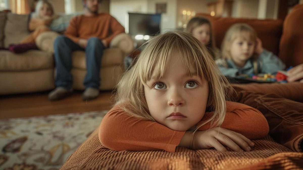 Young girl resting her head on couch while family watches television in living room.