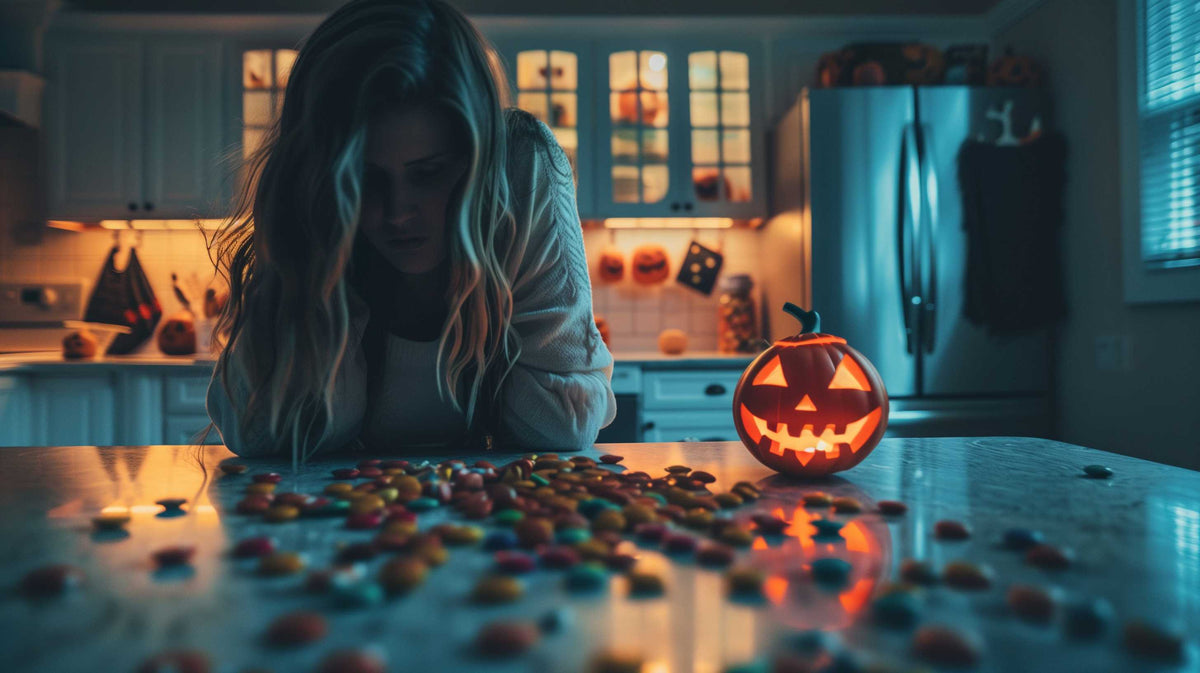 Woman examining scattered Halloween candy next to a glowing jack-o'-lantern on kitchen counter.