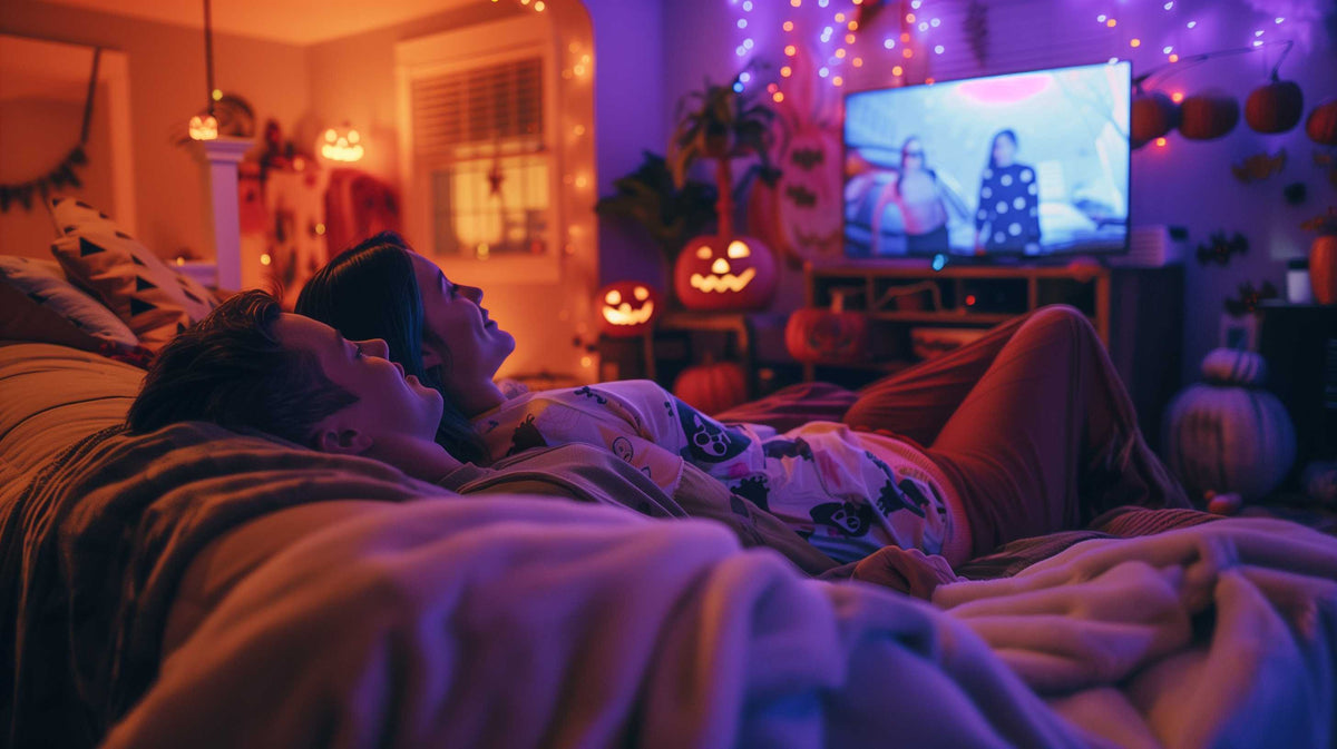 Person relaxing on bed wearing patterned pajamas while watching Halloween movie on screen with festive orange and purple lighting.