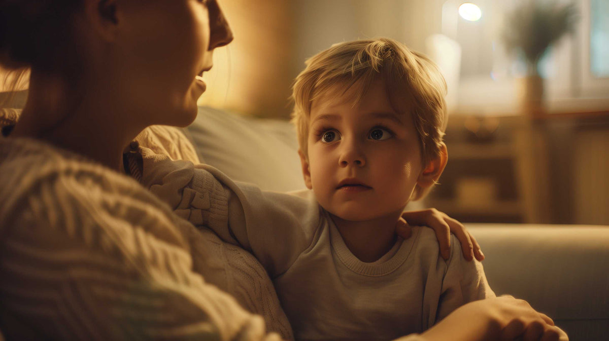 A parent and young child sit together on a couch in warm lighting, having a quiet conversation.