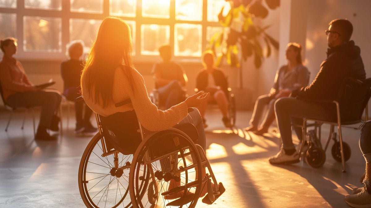 A woman in a wheelchair participates in a support group circle with others during golden hour sunlight.