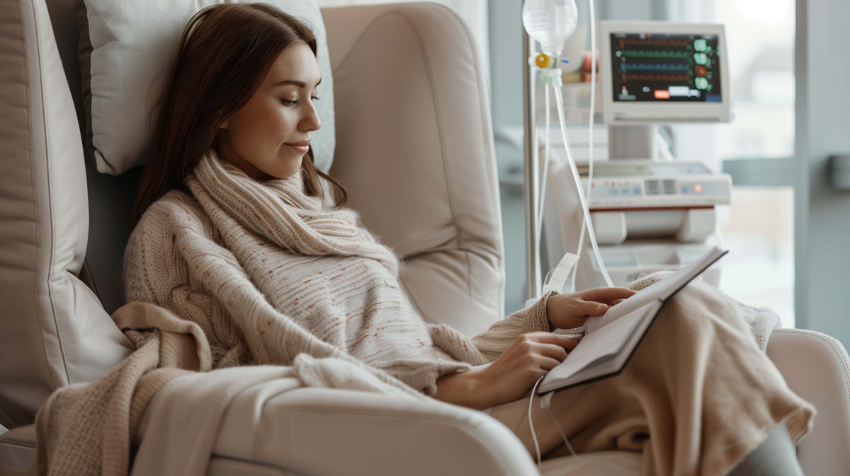 Woman in comfortable adaptive clothing relaxes in hospital chair during infusion treatment while using tablet.