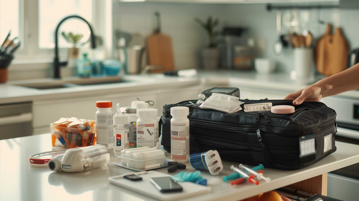 A person organizes medical supplies and emergency preparedness items on a kitchen counter.