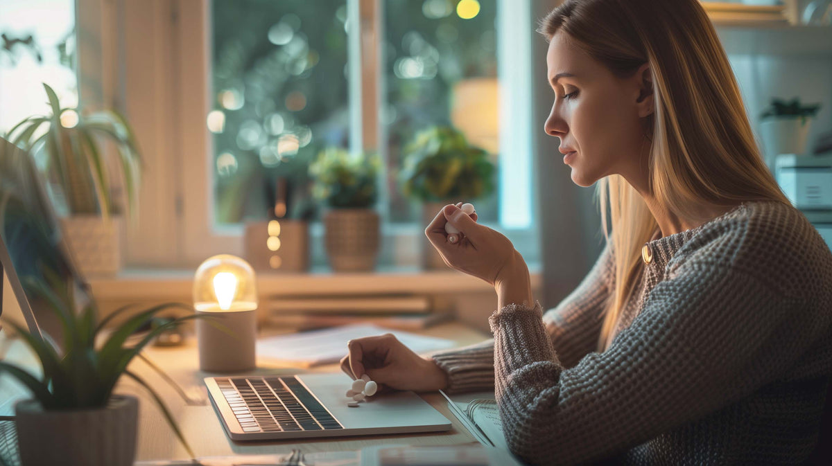 Woman at desk with laptop and small lamp, taking medication discreetly in home office setting.