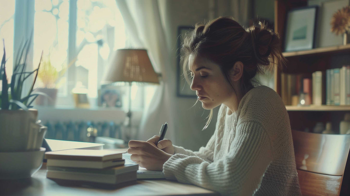 Woman writing notes at a desk while preparing to discuss health concerns with her doctor.