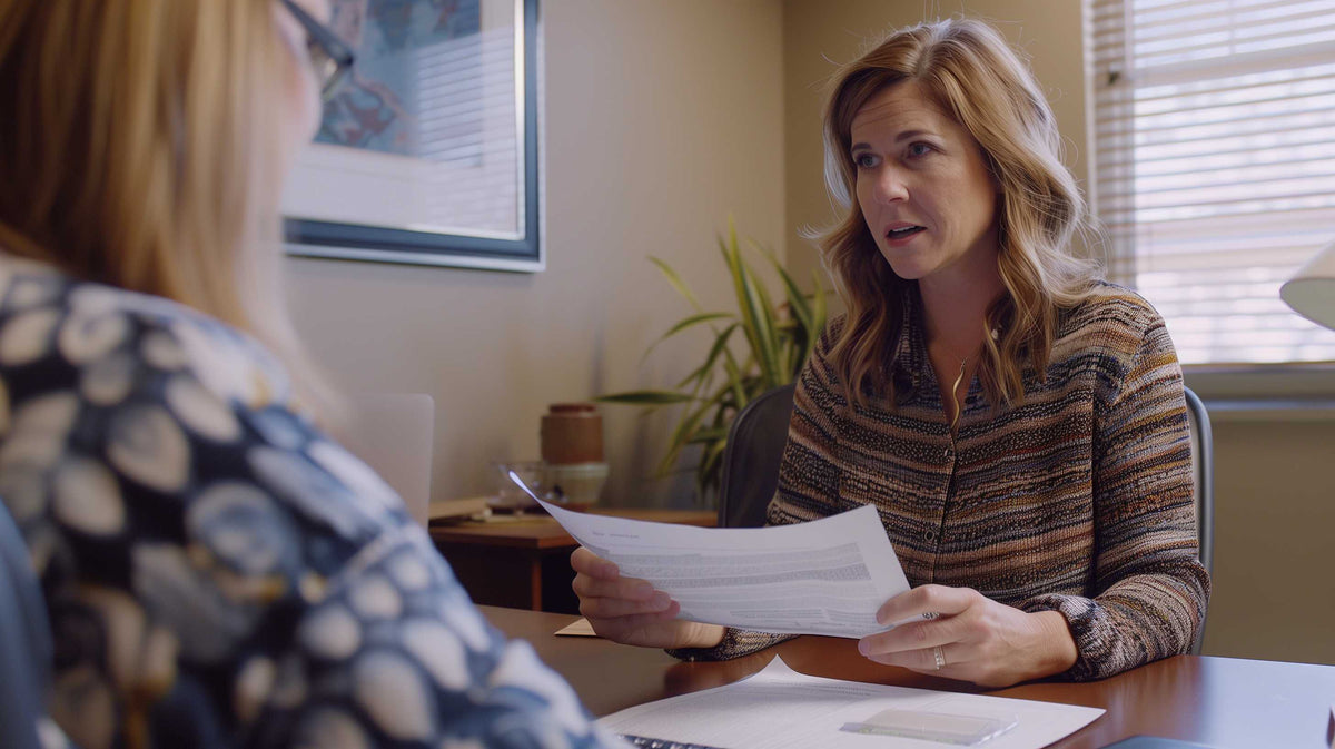 Woman in patterned blazer reviewing documents during a workplace conversation with another person.