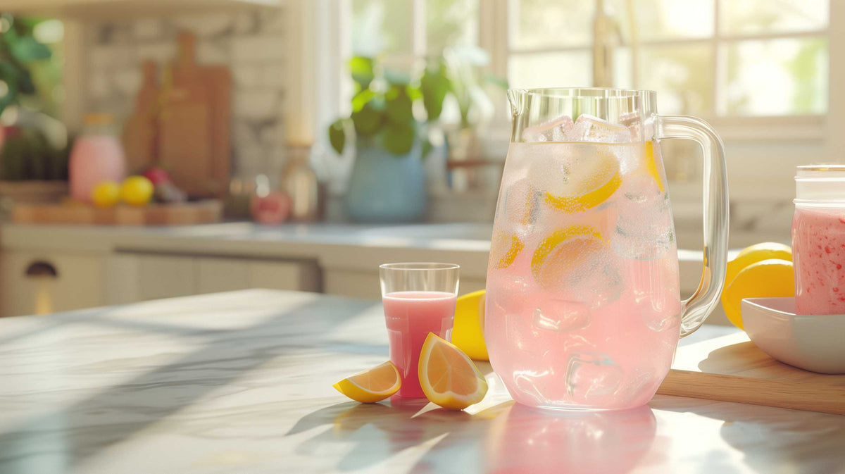 Pink lemonade pitcher with ice and lemon slices on a bright kitchen counter.